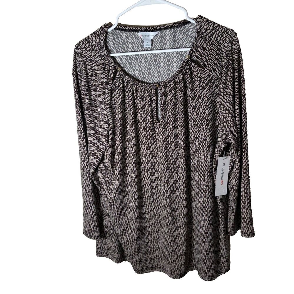 Liz Claiborne Blouse Women's XL Printed Round Neck Keyhole Career 3/4 Sleeve Top